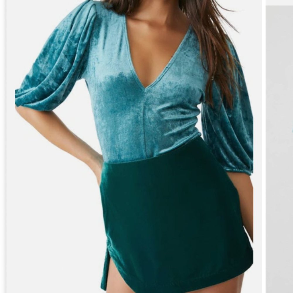 Free People Dont You Wish Velvet Bodysuit In Teal Blue